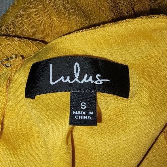 Lulus Harlou Mustard Yellow Lace Ruched Bodycon Dress Size Small - Picture 10 of 11